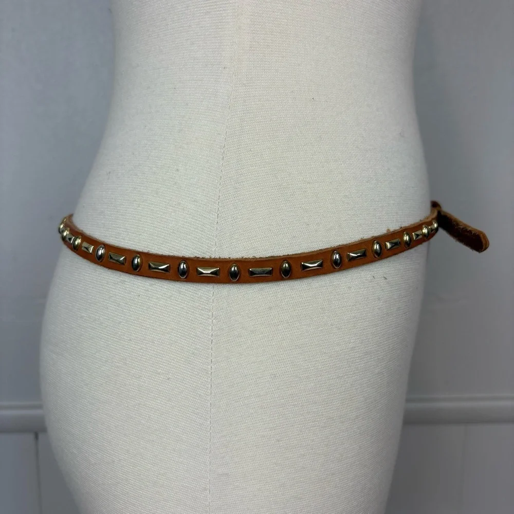 Light Brown Tan Leather Belt Goldtone‎ Silvertone Studded Skinny Belt Bohemian